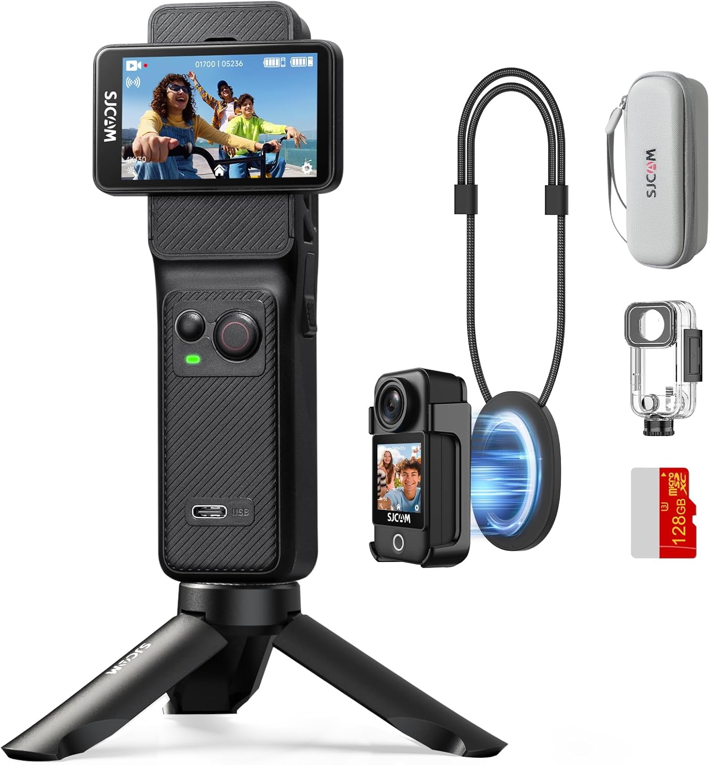 C400 Vlogging Creators Combo, with 128GB Card,4K Pocket Camera,7H Power use,6-Axis Stabilizer,Vlogs influencers Cameras,2.29'' Touch Screen,30M Waterproof Body Cam